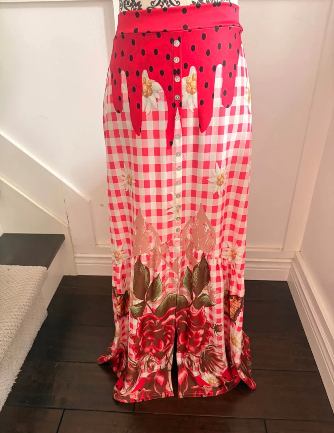 🏈Classic Fashion Gingham Floral Print Maxi Skirt