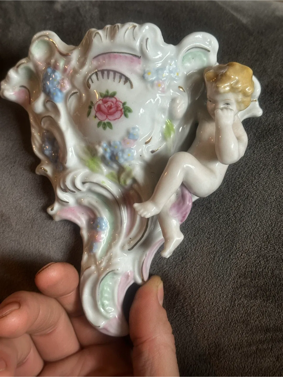 Vintage cherub ceramic wall pocket