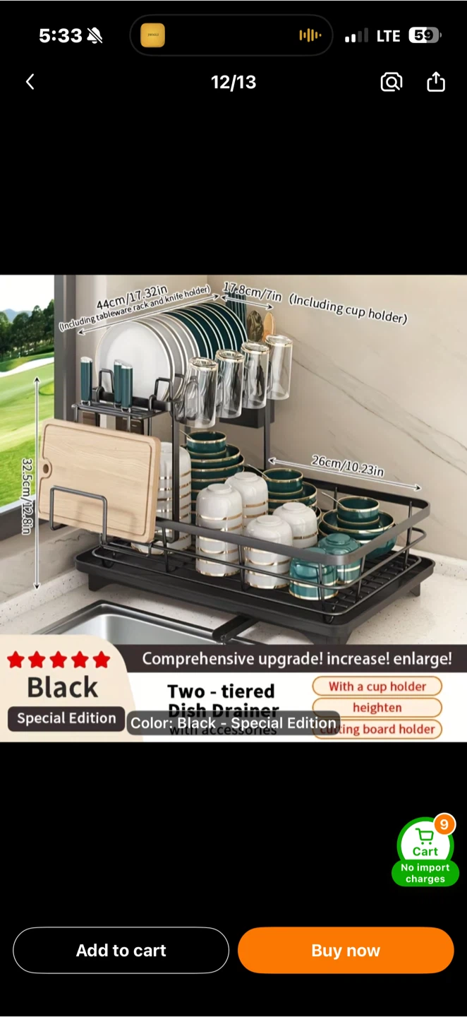 Two-Tiered Dish Drainer - Black
