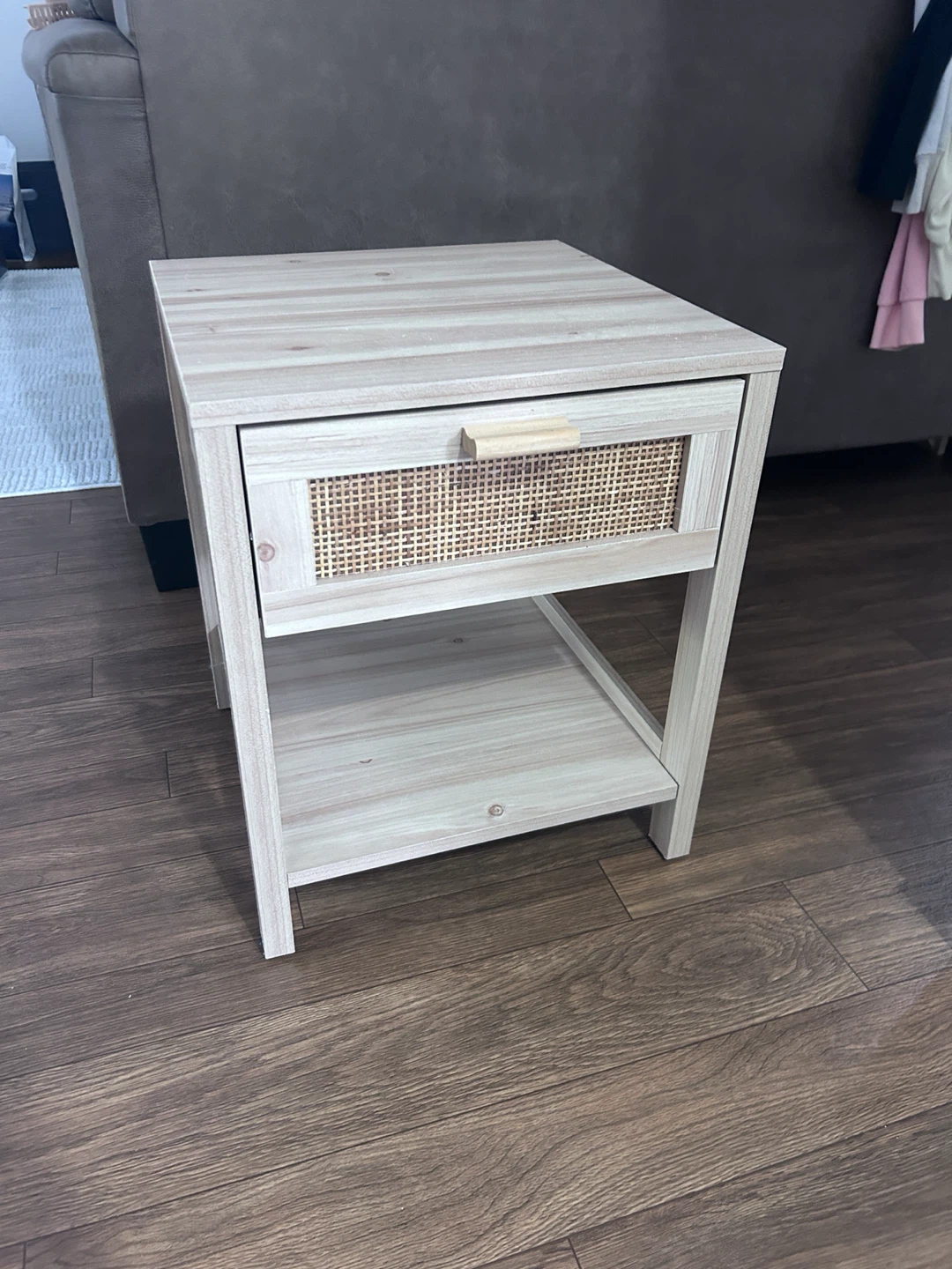Light Wood Finish Bedside Table with Rattan Drawer