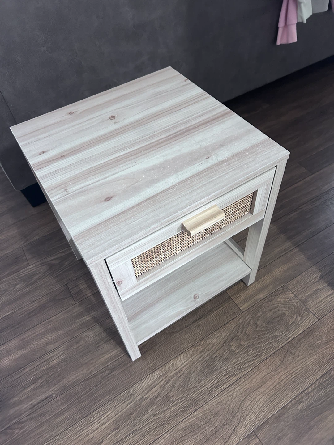 Light Wood Finish Bedside Table with Rattan Drawer - photo 2
