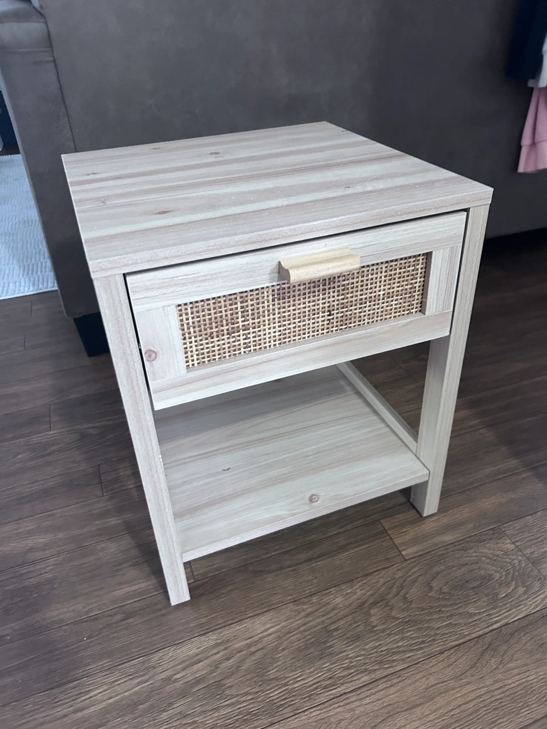 Light Wood Finish Bedside Table with Rattan Drawer - photo 3