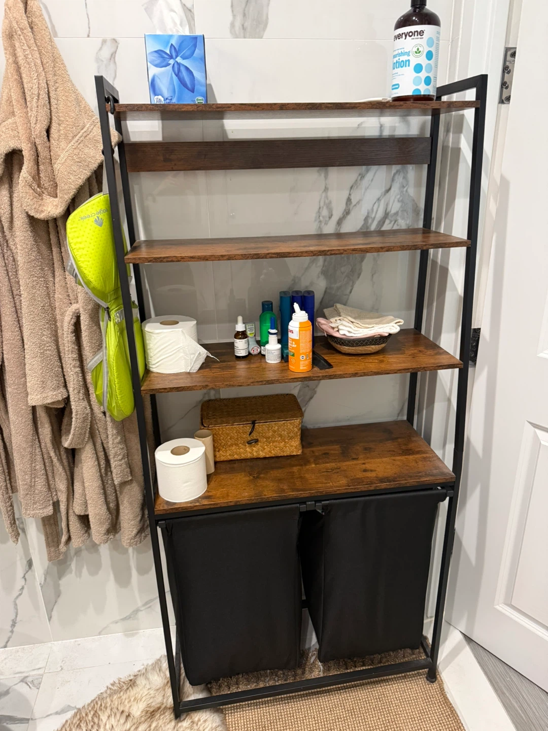 Rustic Bathroom Shelving Unit with Dual Laundry Hampers