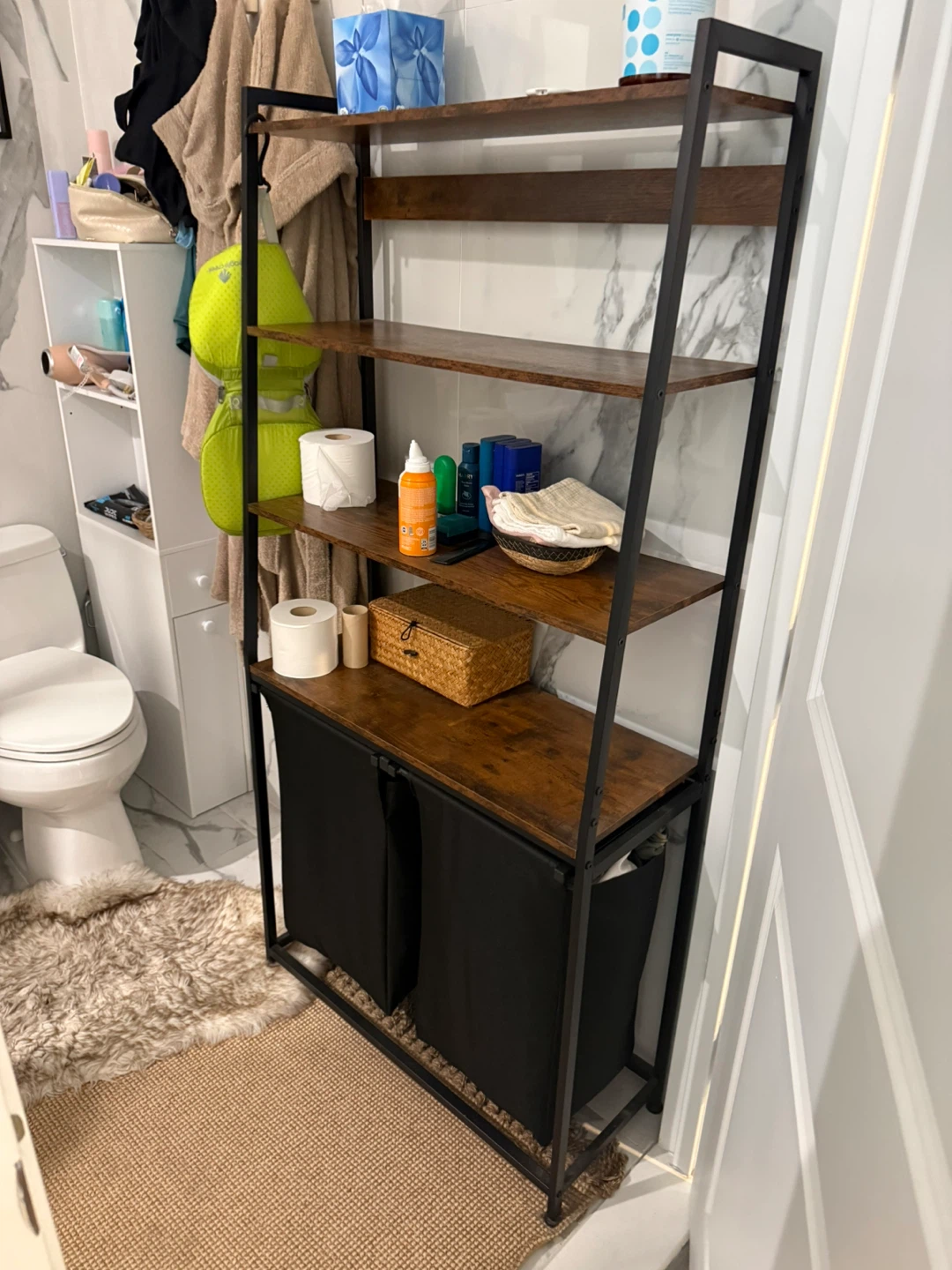Rustic Bathroom Shelving Unit with Dual Laundry Hampers - photo 2