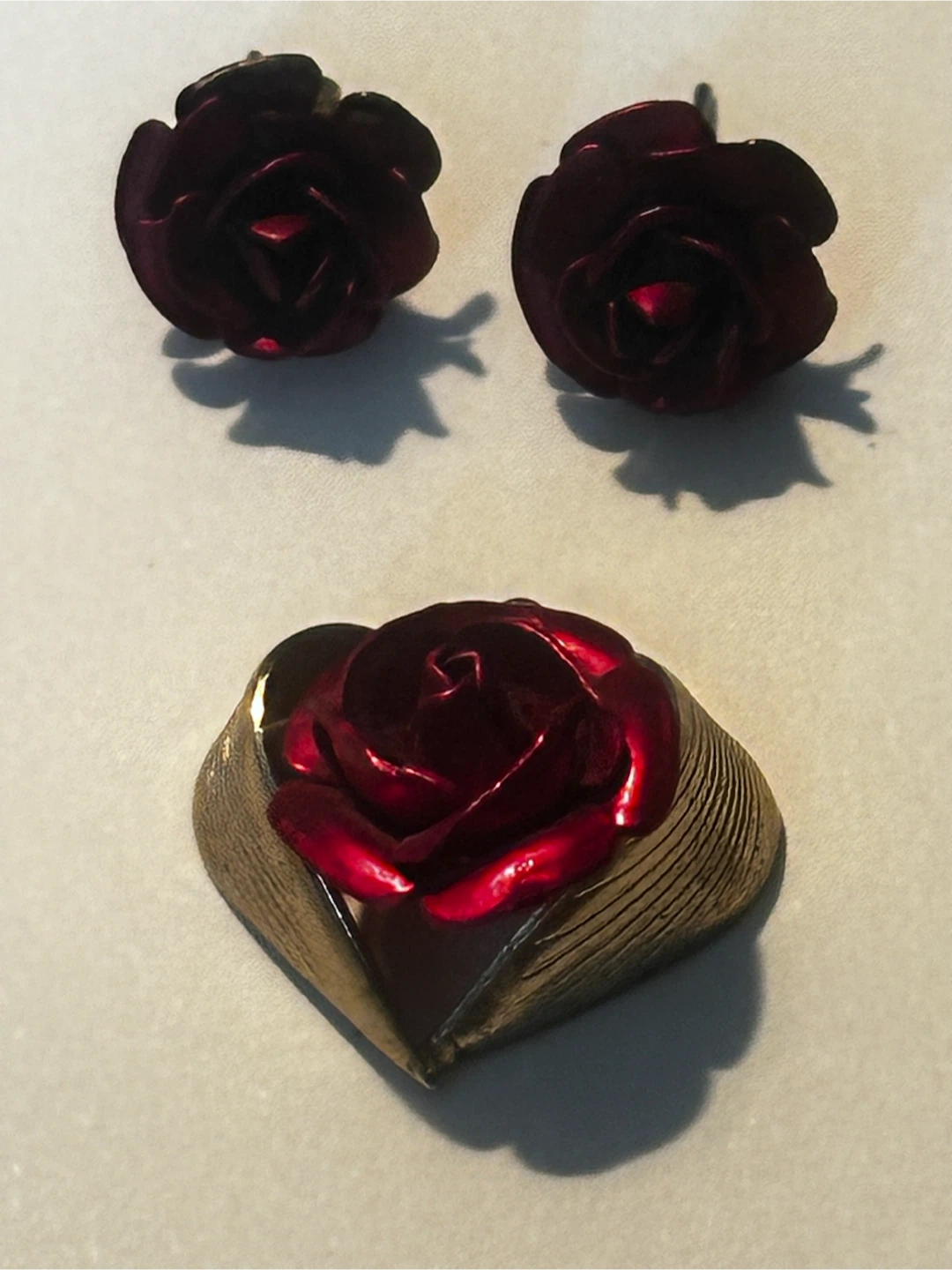 Vintage Red Rose pendant & Stud Earring Set