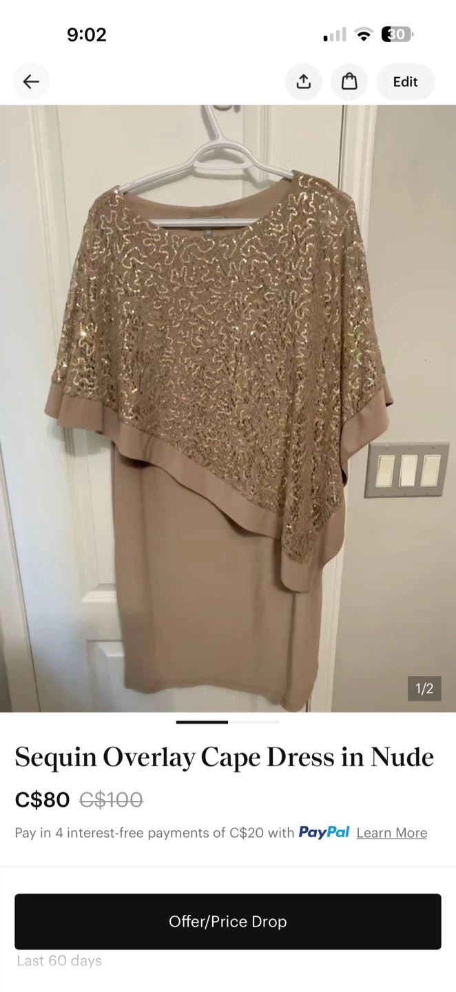 Nude Sequin Overlay Cape Dress