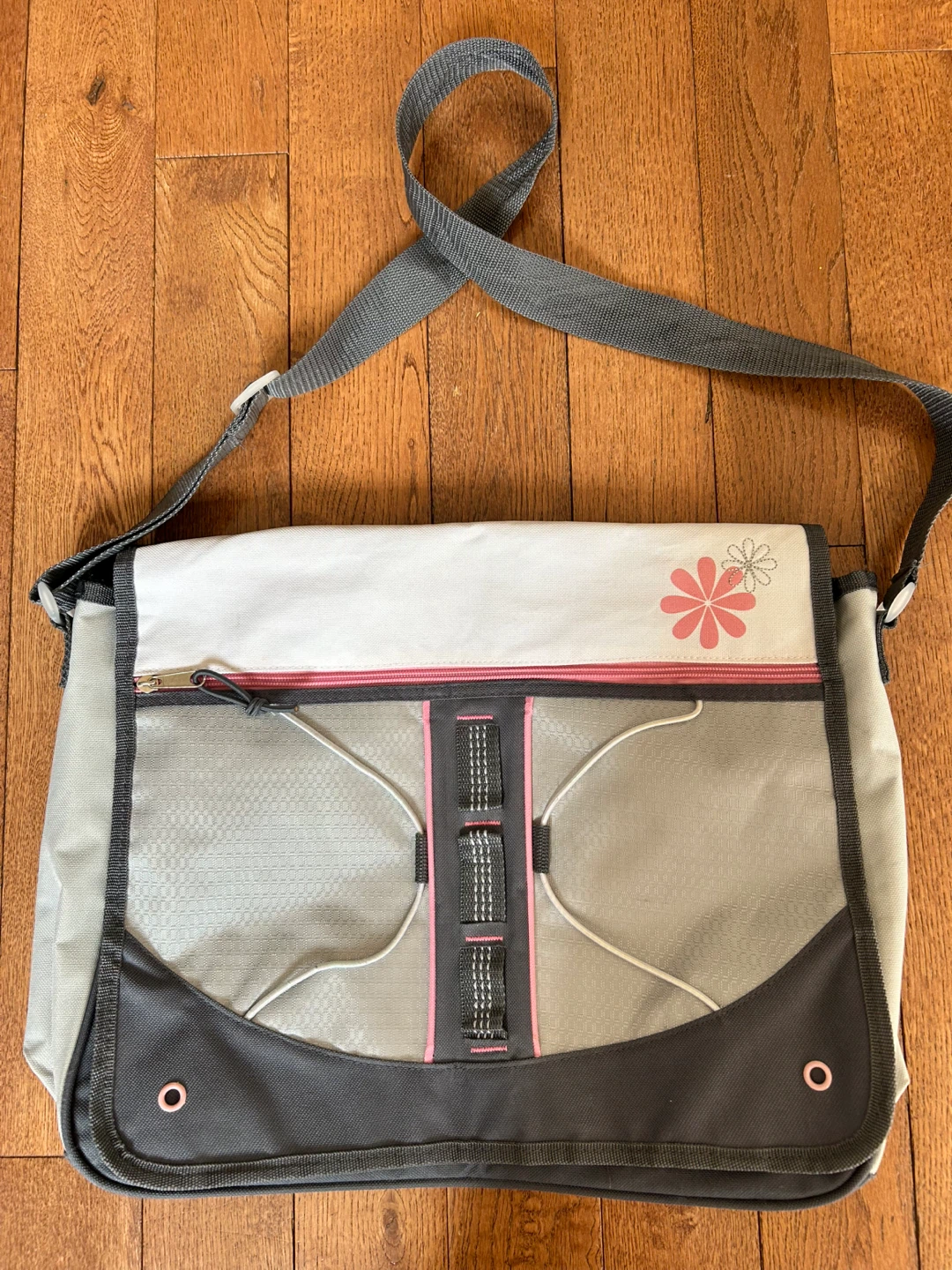 Grey and White Messenger Bag with Floral Detail