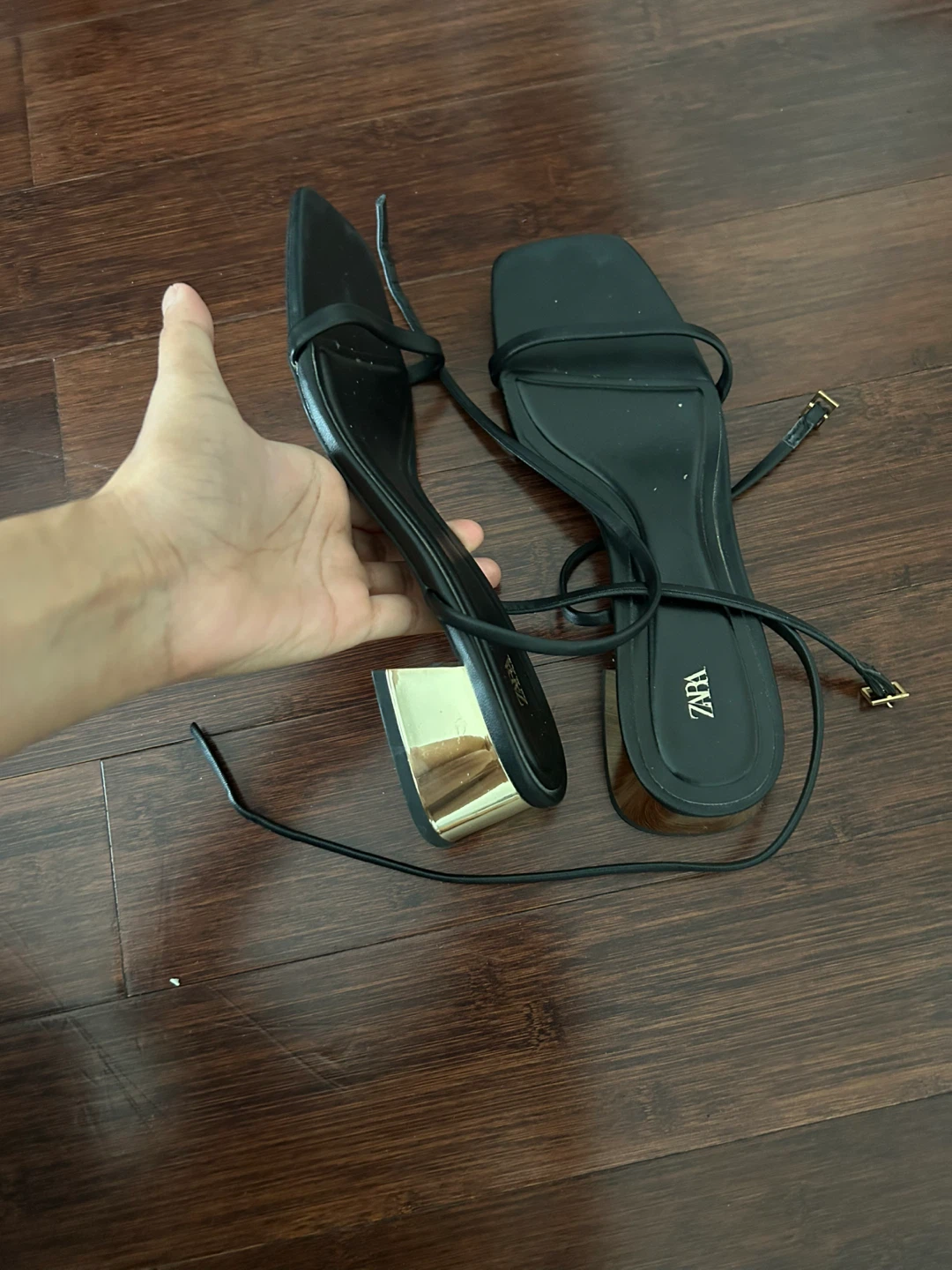Zara black strappy sandals with metallic block heel