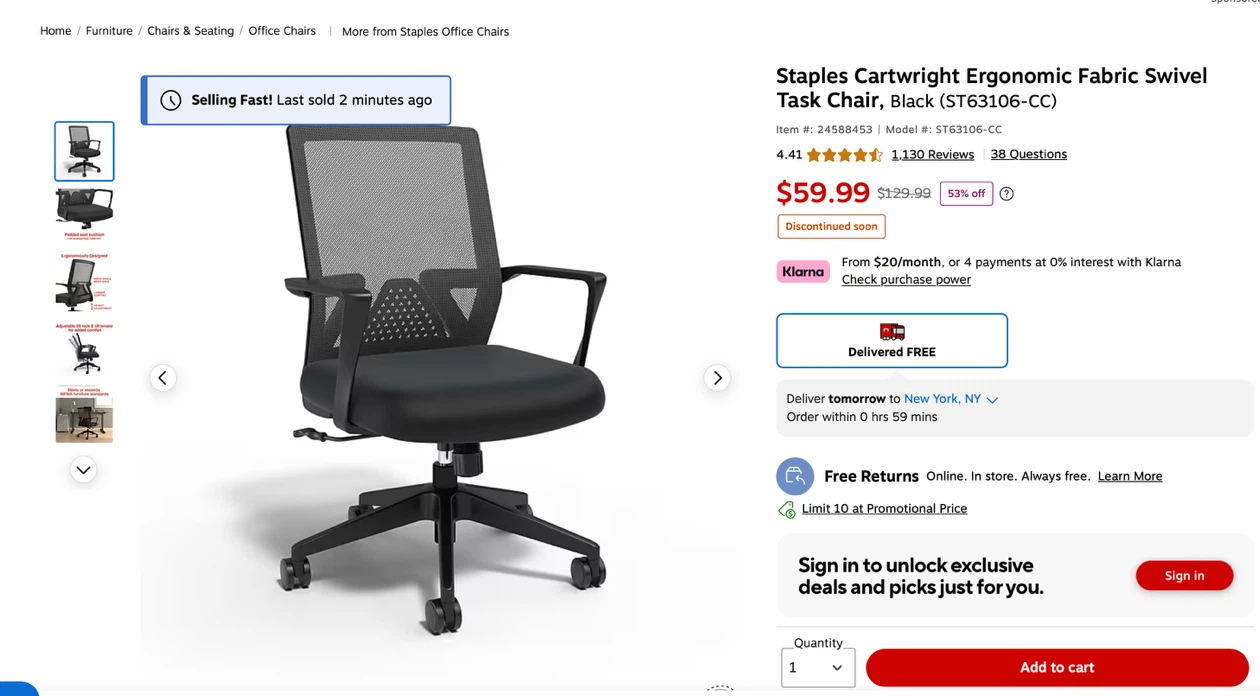 Staples Cartwright Ergonomic Task Chair, Black