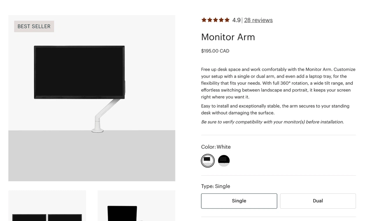 White Single Monitor Arm