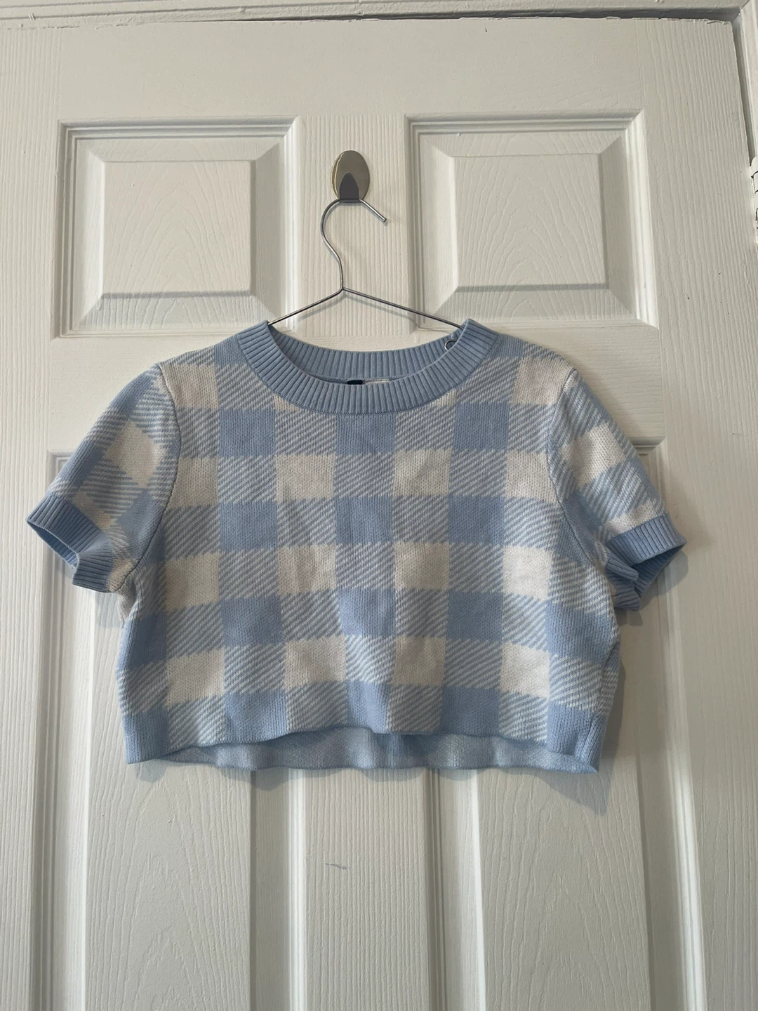 Divided Light Blue Gingham Knit Crop Top