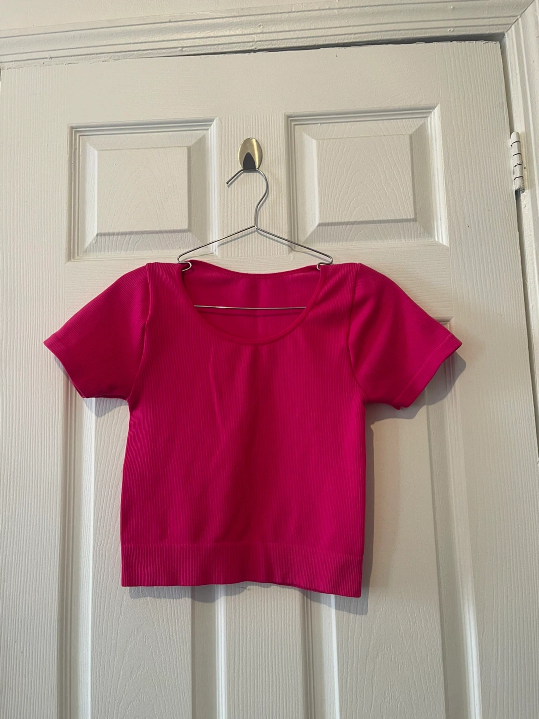 Hot Pink Ribbed Short Sleeve Crop Top
