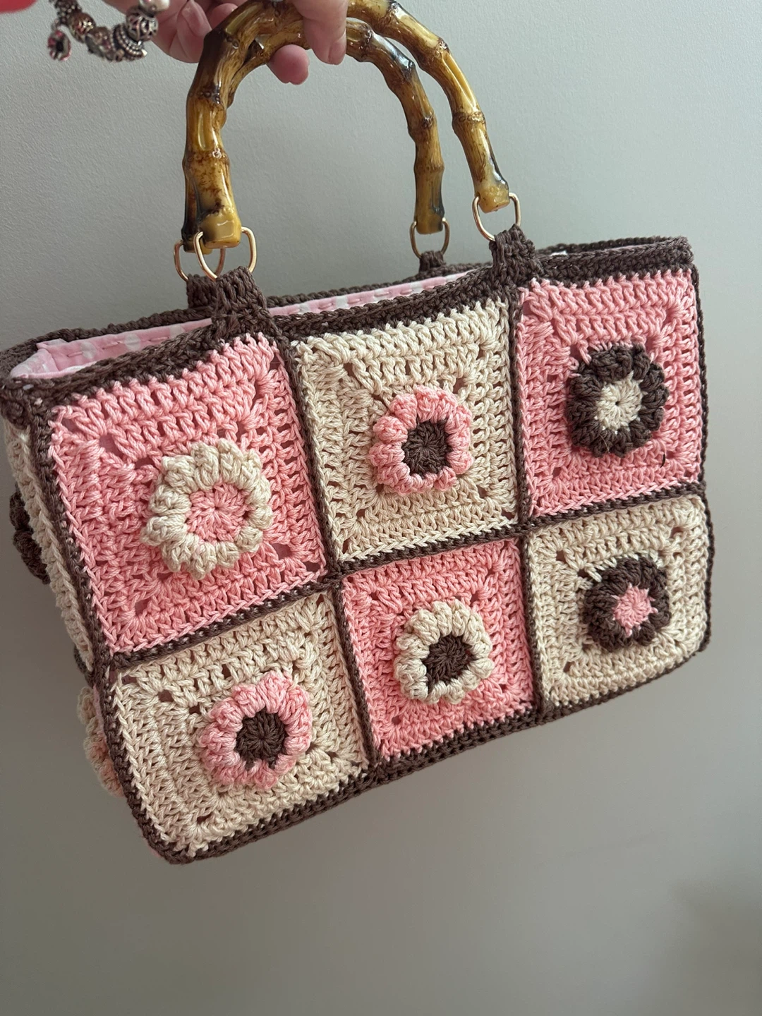 Crochet Handbag with Bamboo Handles