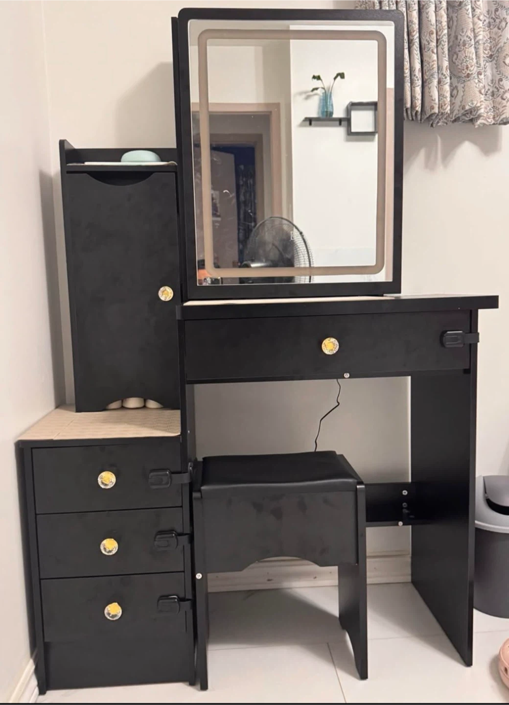 Black Vanity Table with LED Mirror and Stool
