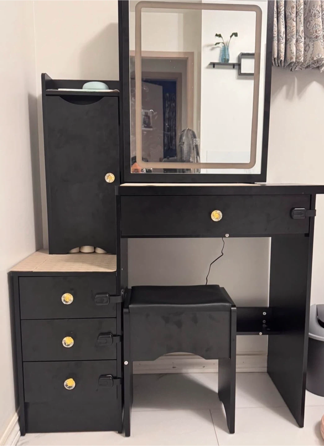 Black Vanity Table with LED Mirror and Stool - photo 2