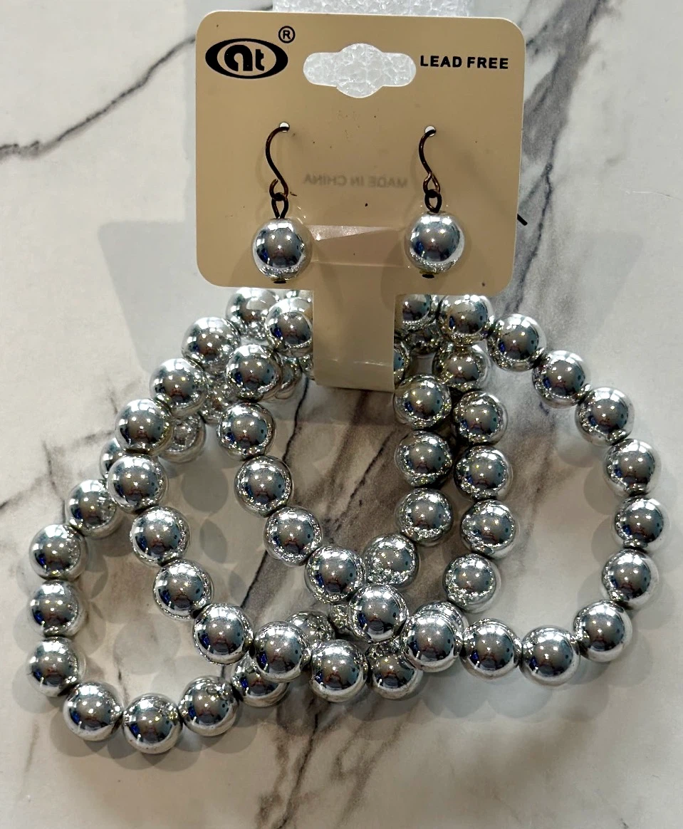 Silver Tone Ball Bead Stretch Bracelet Stack & Earrings Set
