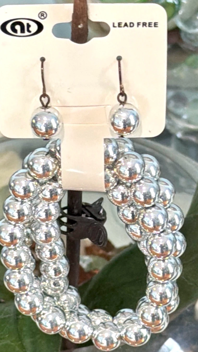 Silver Tone Ball Bead Stretch Bracelet Stack & Earrings Set - photo 2