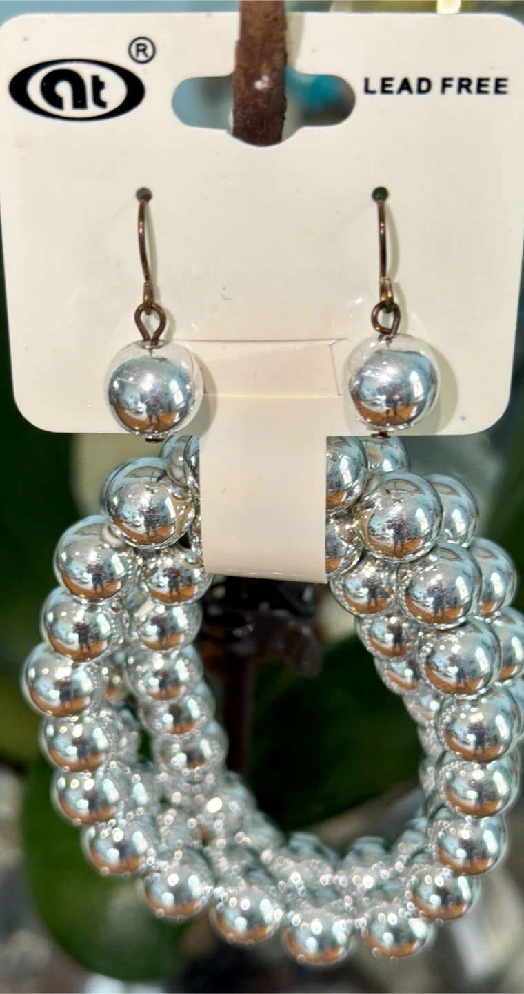 Silver Tone Ball Bead Stretch Bracelet Stack & Earrings Set - photo 5