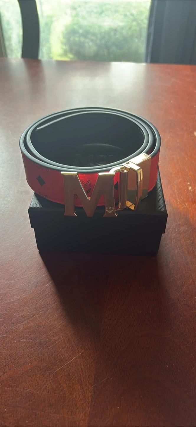 MCM Red Visetos Belt with Gold M Buckle