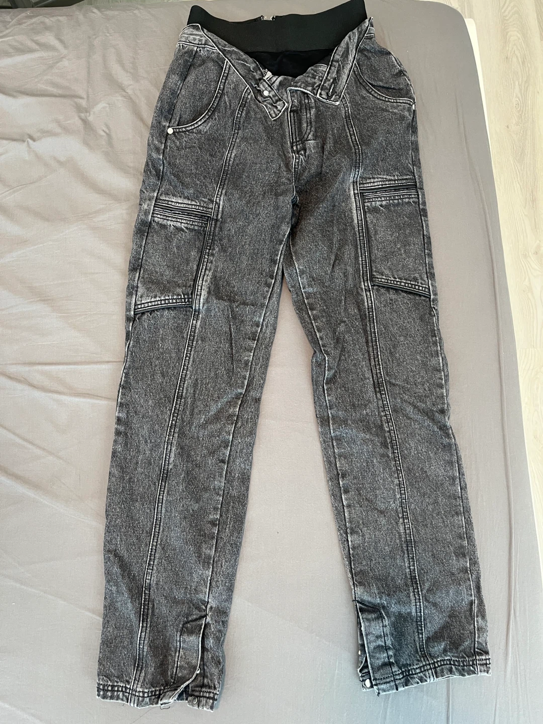 Foldover Waistband Mom Jeans - Washed Black