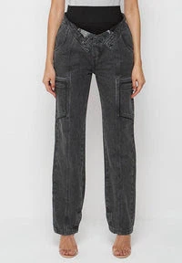 Foldover Waistband Mom Jeans - Washed Black - photo 3
