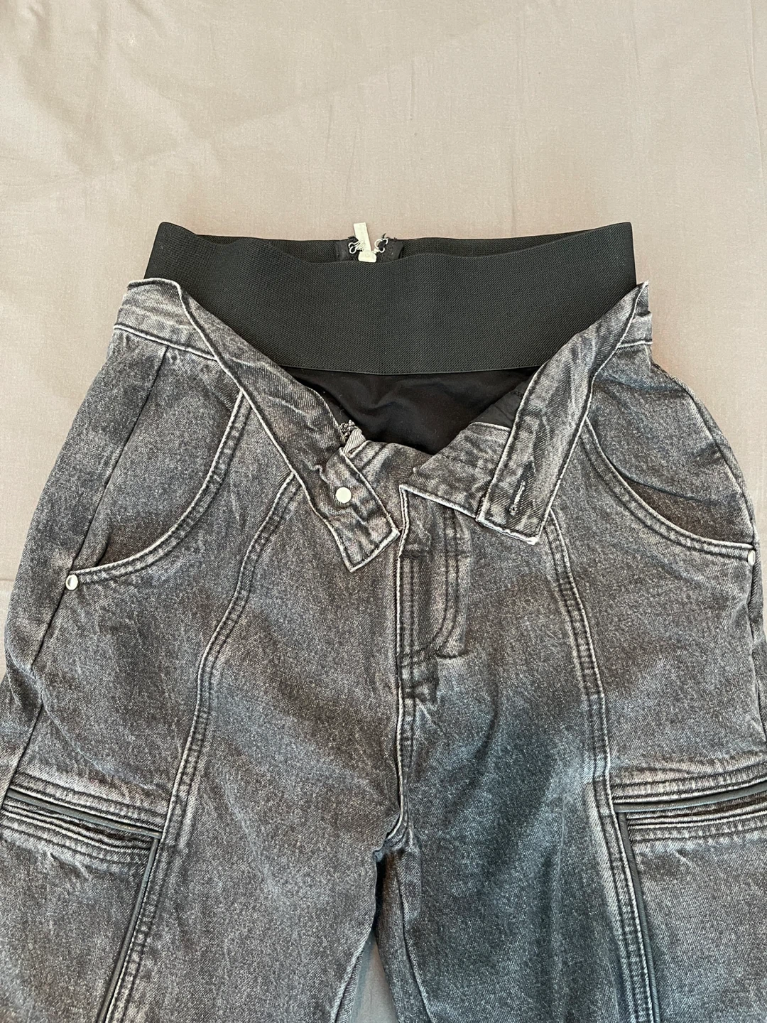 Foldover Waistband Mom Jeans - Washed Black - photo 5
