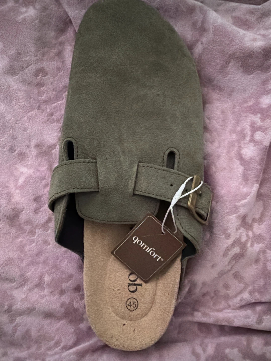 Qomfort Olive Suede Clogs Size 45