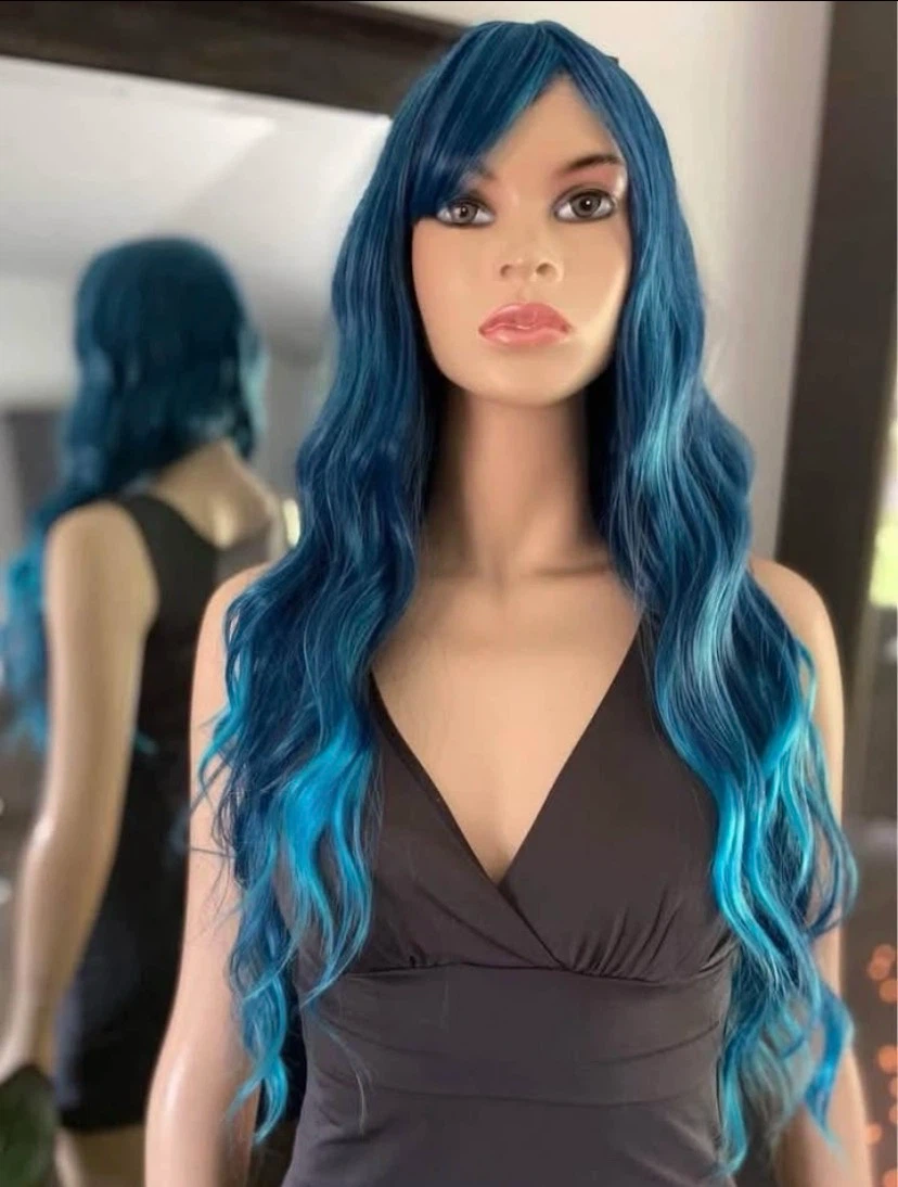 🏈 NEW Long Wavy Gradient Blue Synthetic Wig w Bangs 2204