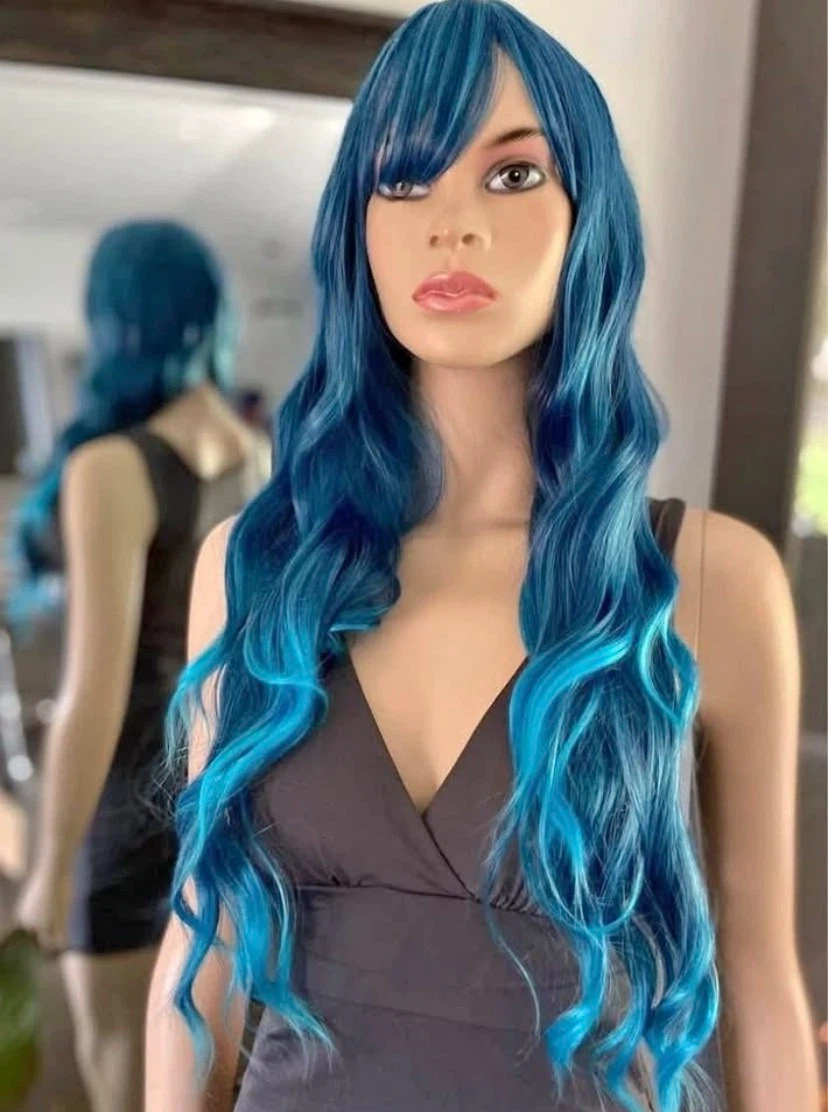 🏈 NEW Long Wavy Gradient Blue Synthetic Wig w Bangs 2204 - photo 2