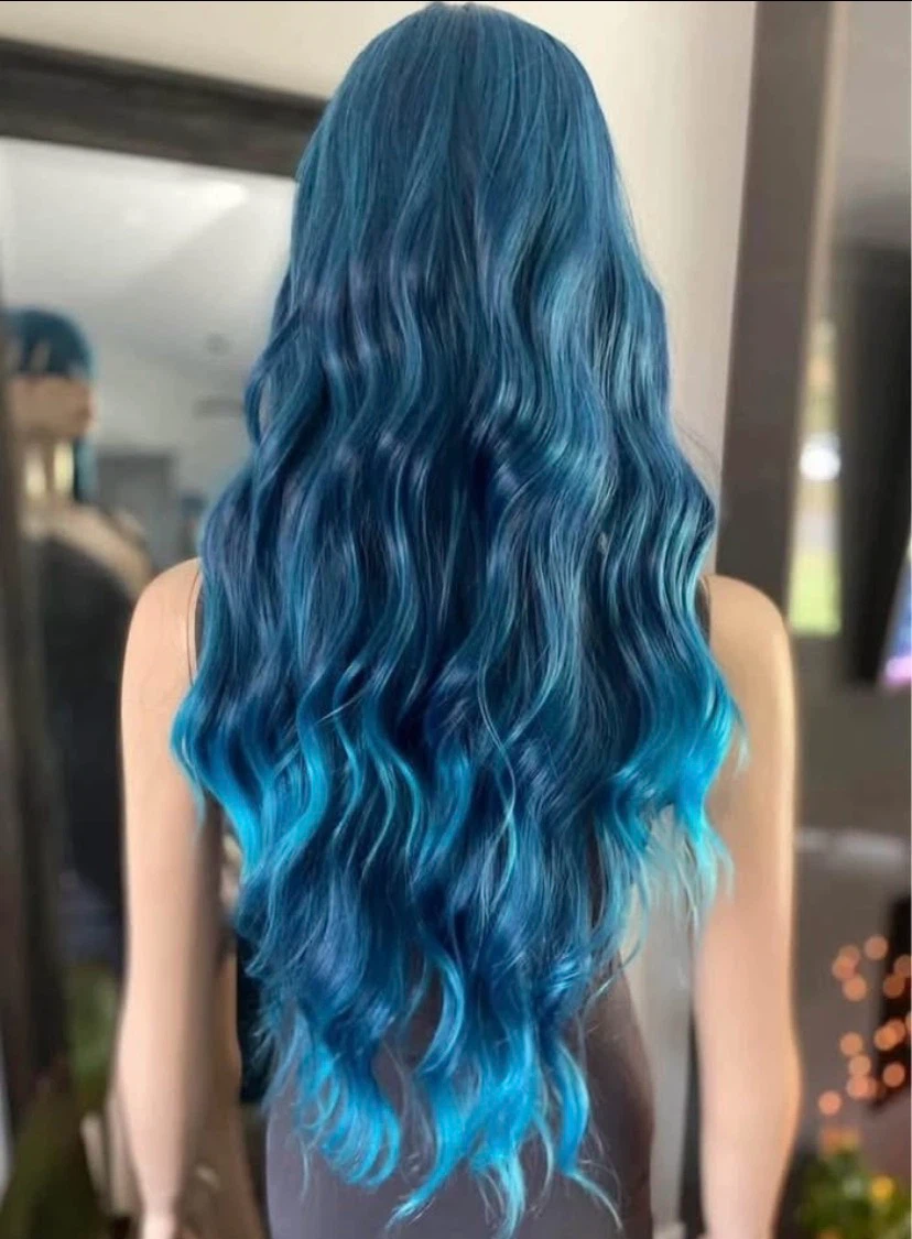 🏈 NEW Long Wavy Gradient Blue Synthetic Wig w Bangs 2204 - photo 4