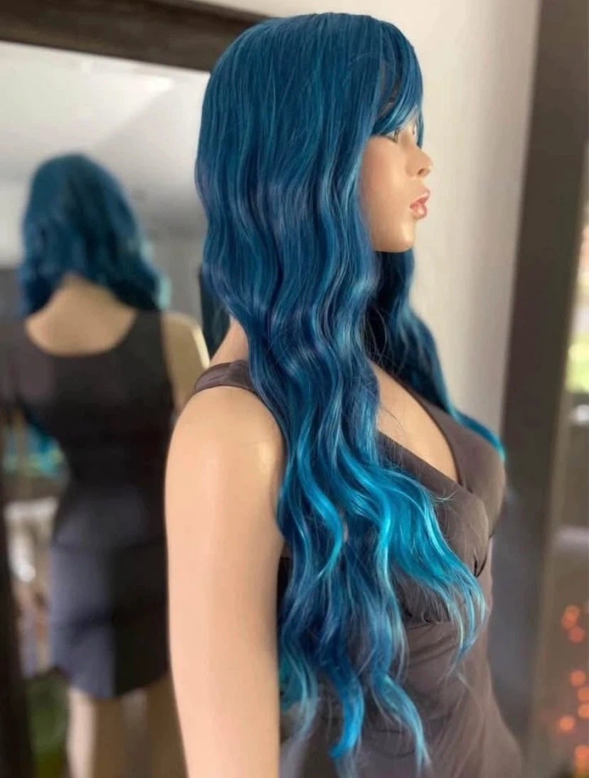 🏈 NEW Long Wavy Gradient Blue Synthetic Wig w Bangs 2204 - photo 5