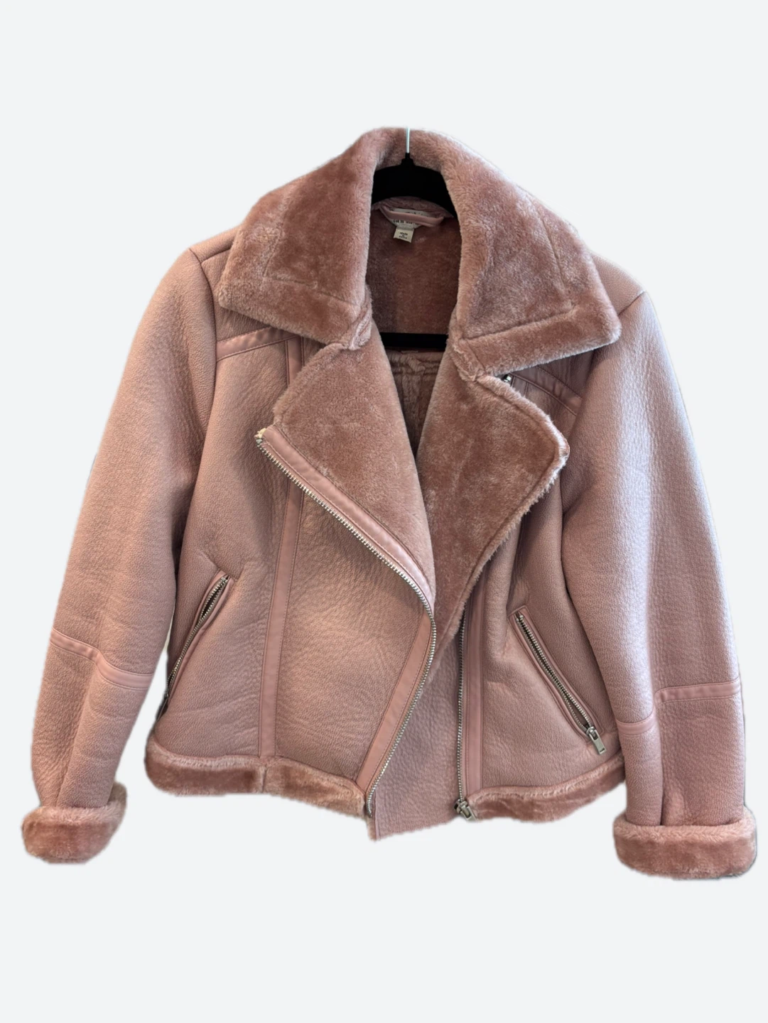Selfridge Pink faux shearling moto jacket