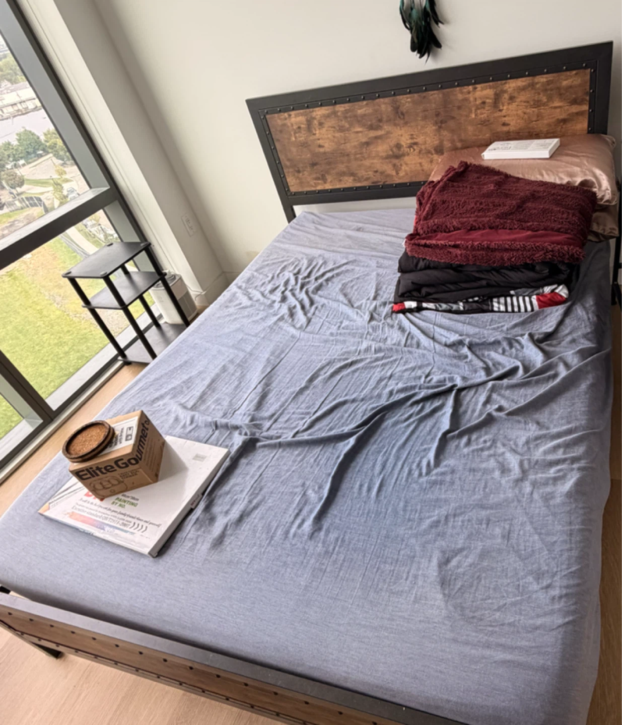 Queen Size Metal and Wooden Bed Frame