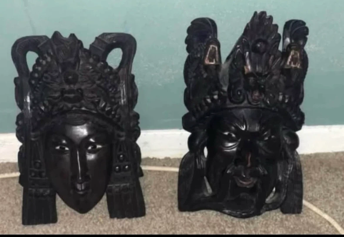 Vintage Hand-Carved Wooden Asian Masks - Set of 2
