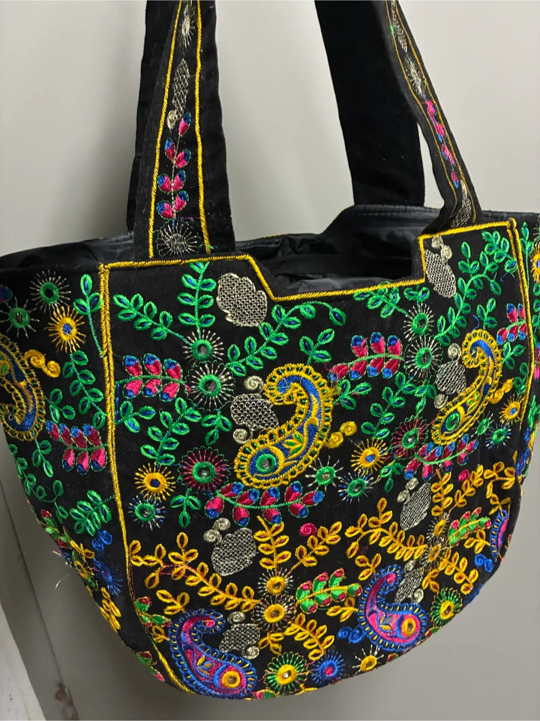 Embroidered black fabric tote bag