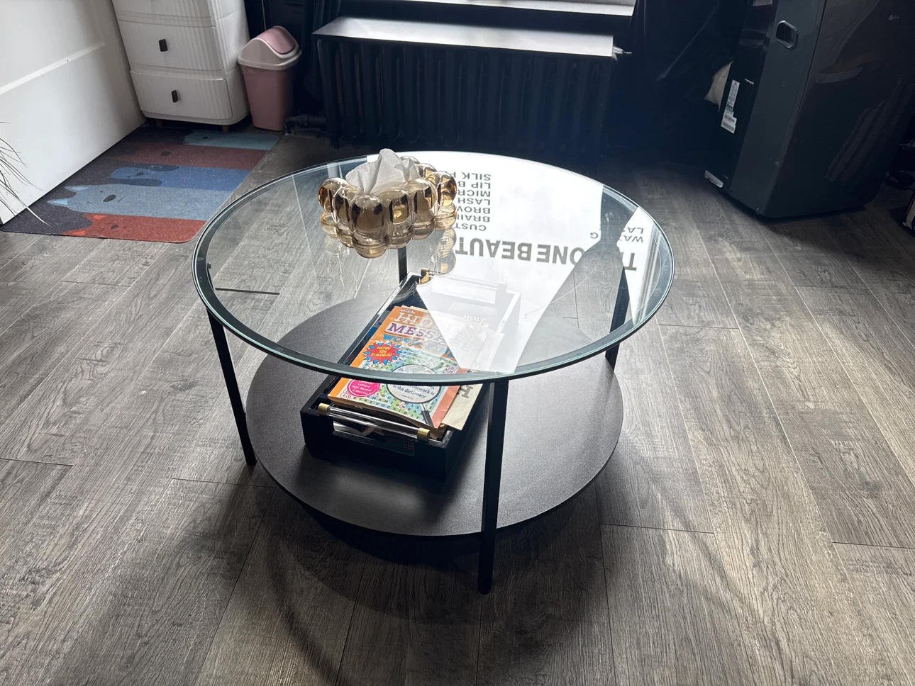 Round Glass Coffee Table with Black Metal Frame