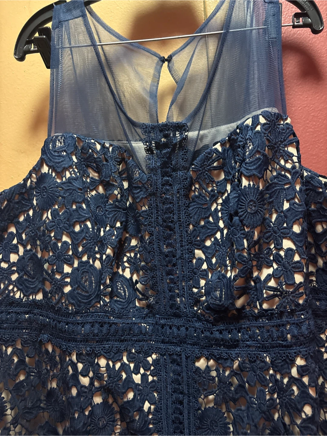 🏈 Navy Blue Lace Overlay Dress New - photo 4