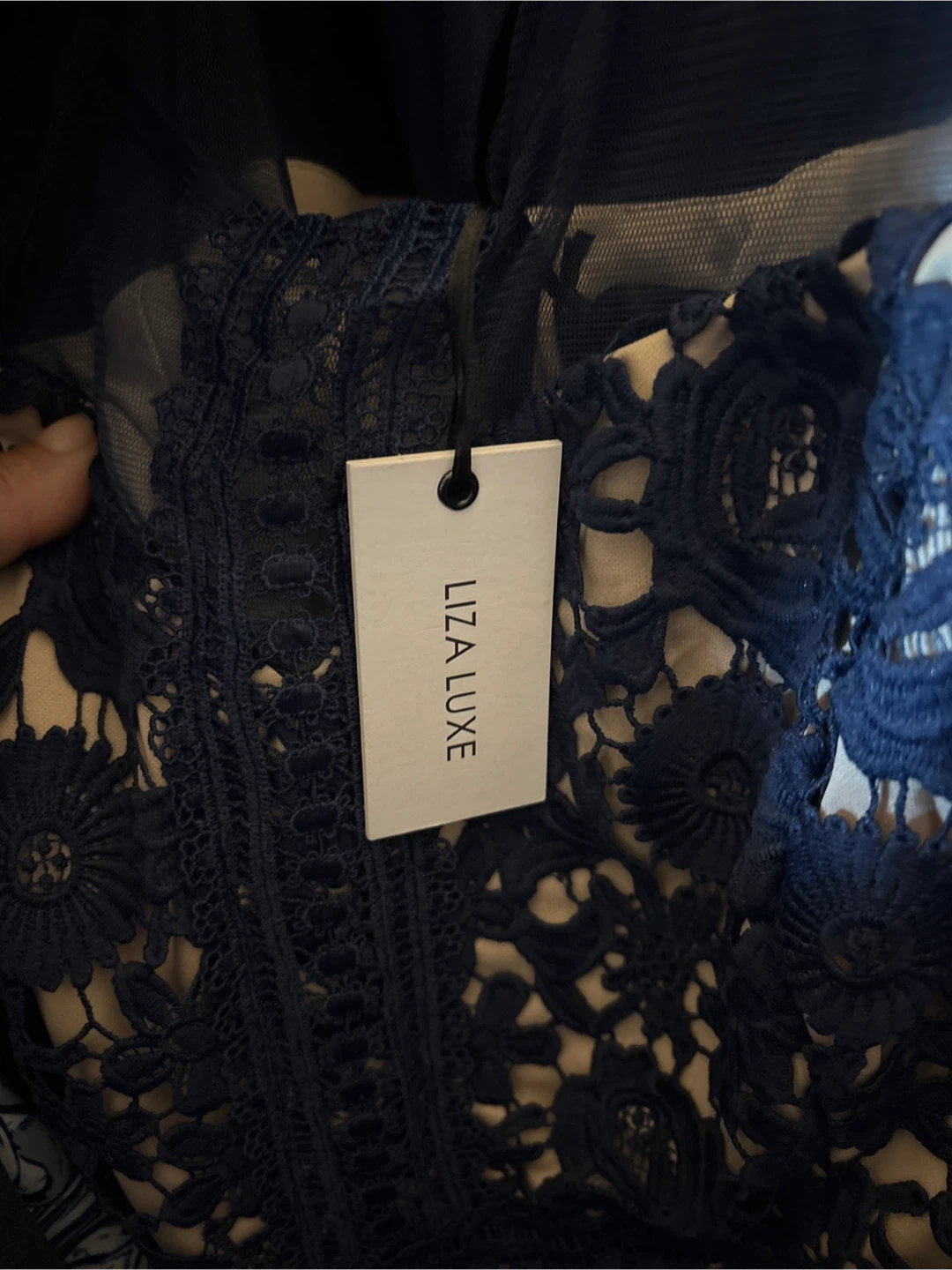 🏈 Navy Blue Lace Overlay Dress New - photo 5