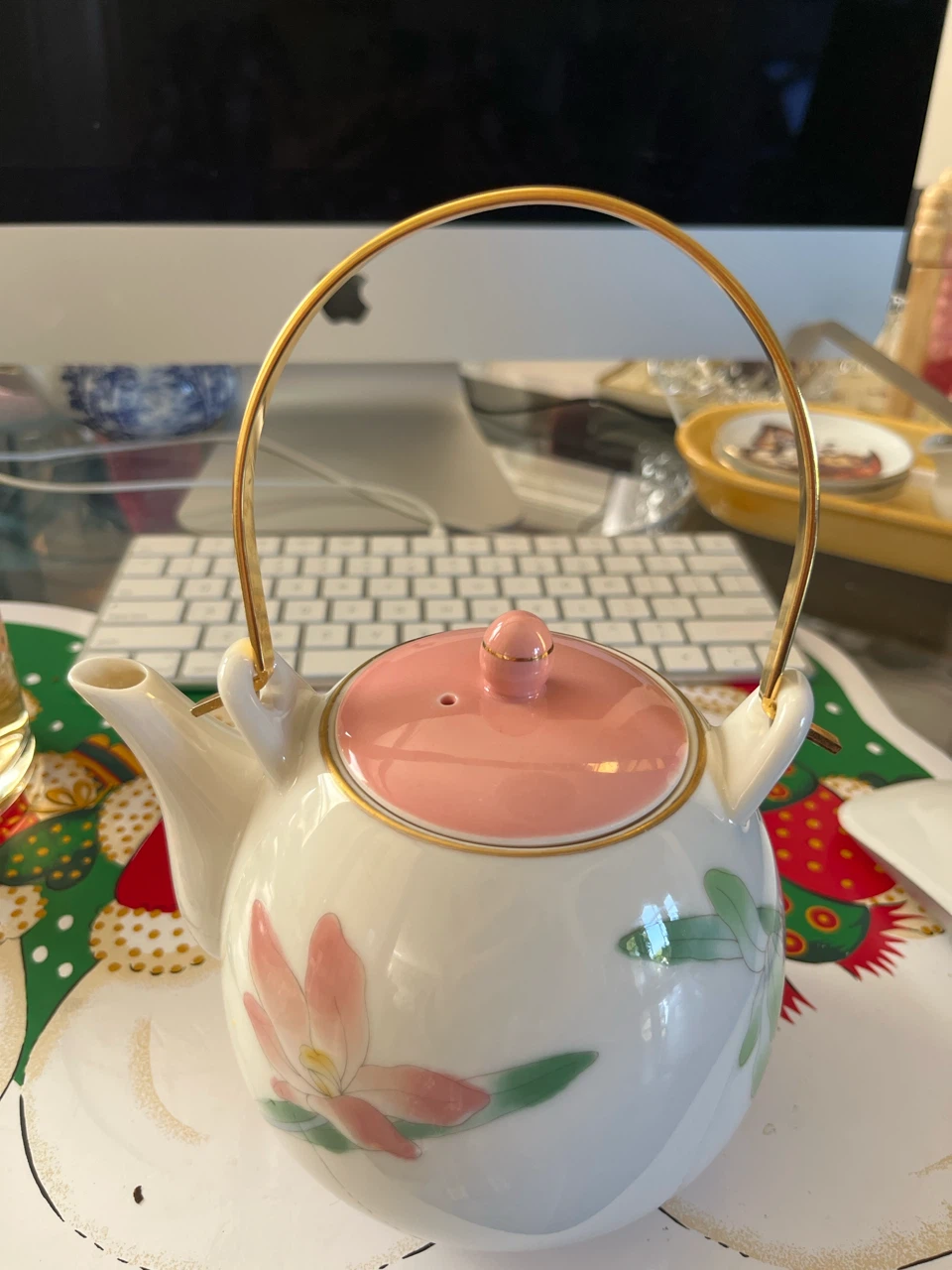 Floral Porcelain Teapot with Gold Handle