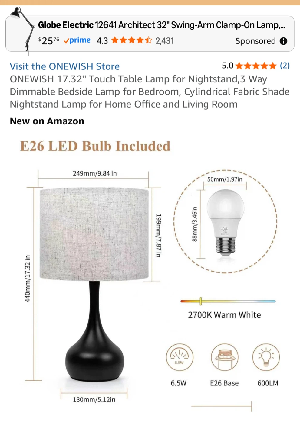 ONEWISH 3-Way Dimmable Touch Table Lamp - photo 2
