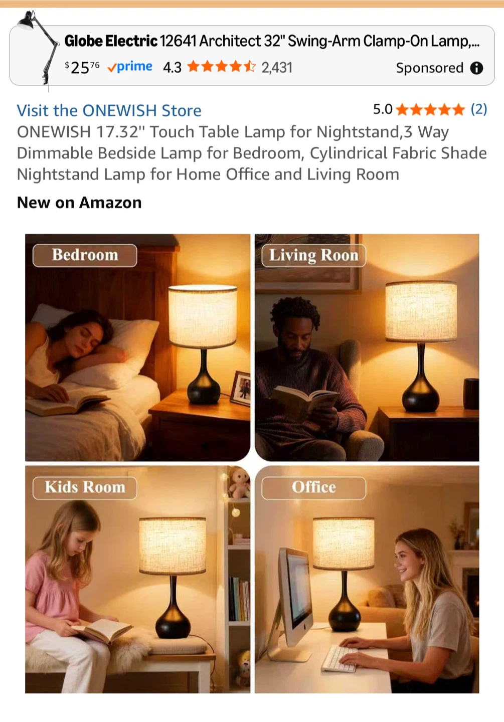 ONEWISH 3-Way Dimmable Touch Table Lamp - photo 3