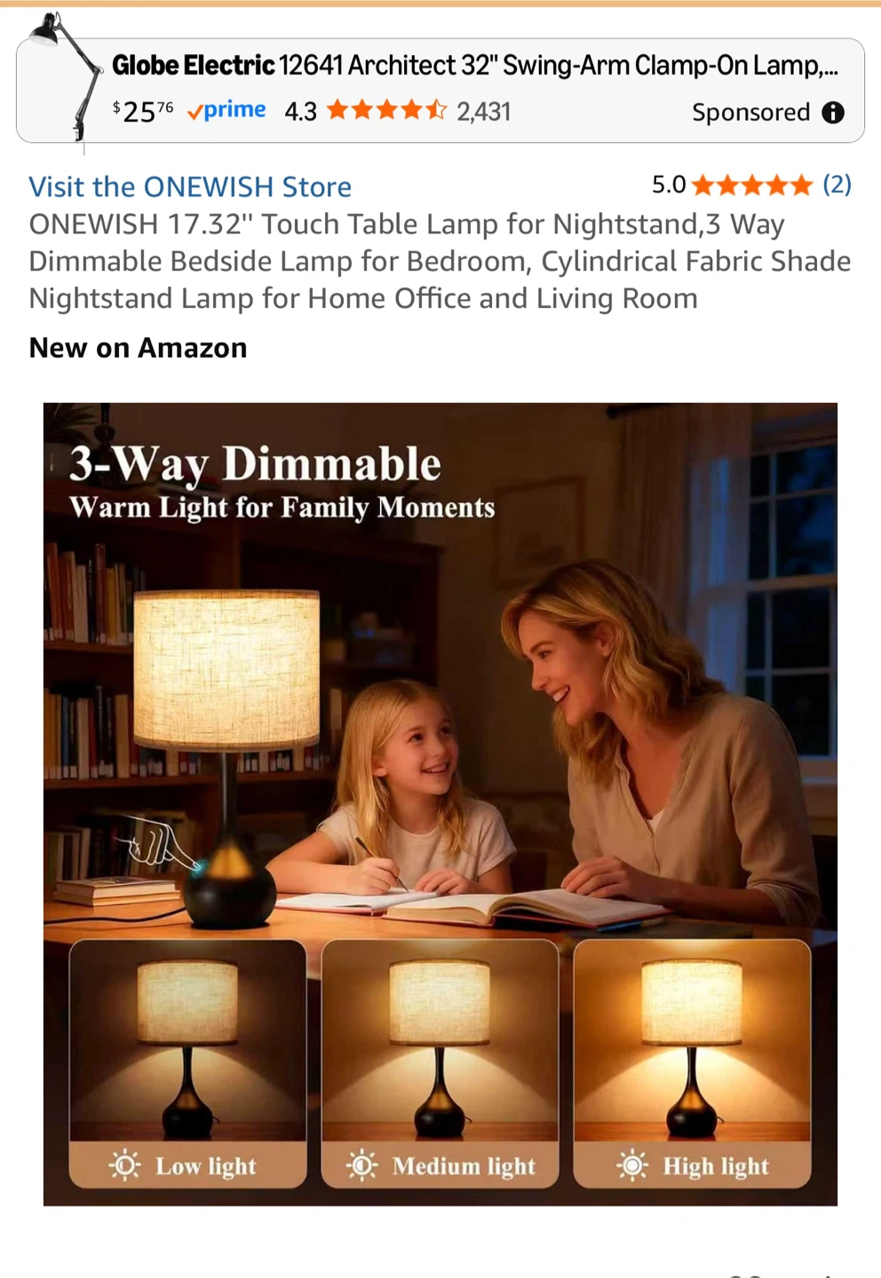 ONEWISH 3-Way Dimmable Touch Table Lamp - photo 5