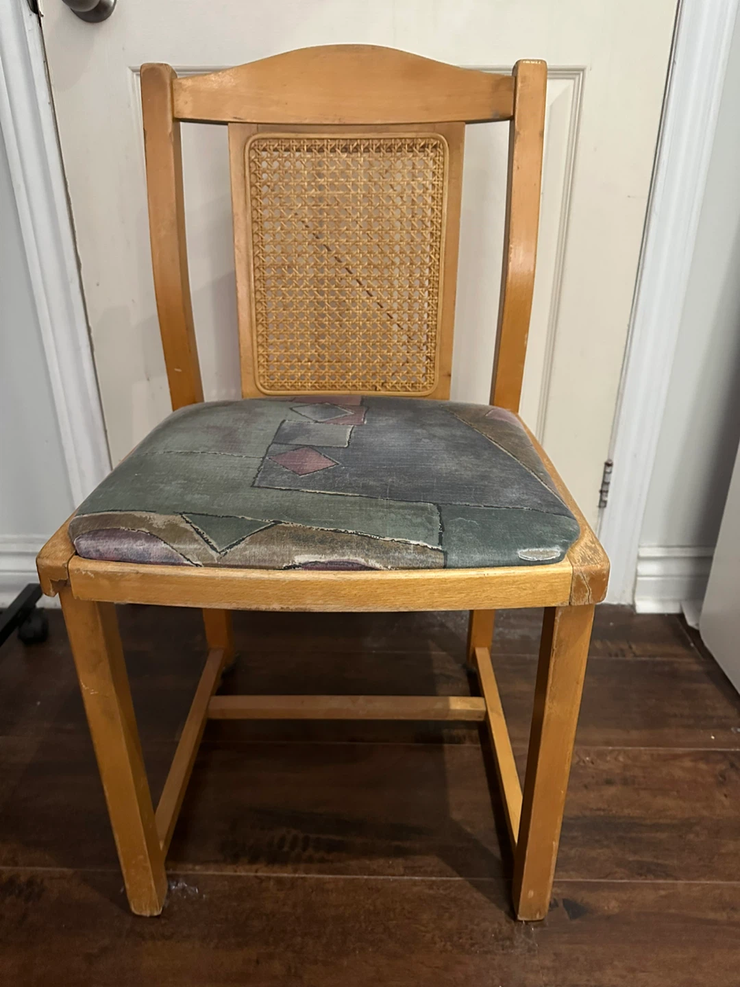Vintage Wooden Chair with Cane Back and Patterned Seat - photo 3