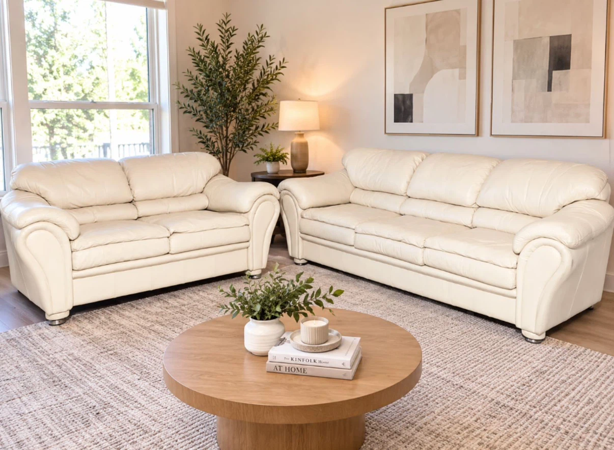 Cream Leather Sofa and Loveseat Set