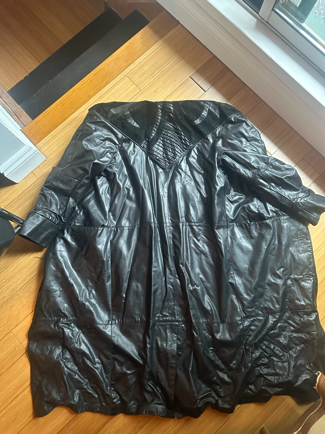 VINTAGE Y2k MATRIX STYLE LONG BLACK TRENCH COAT LEATHER JACKET - photo 3