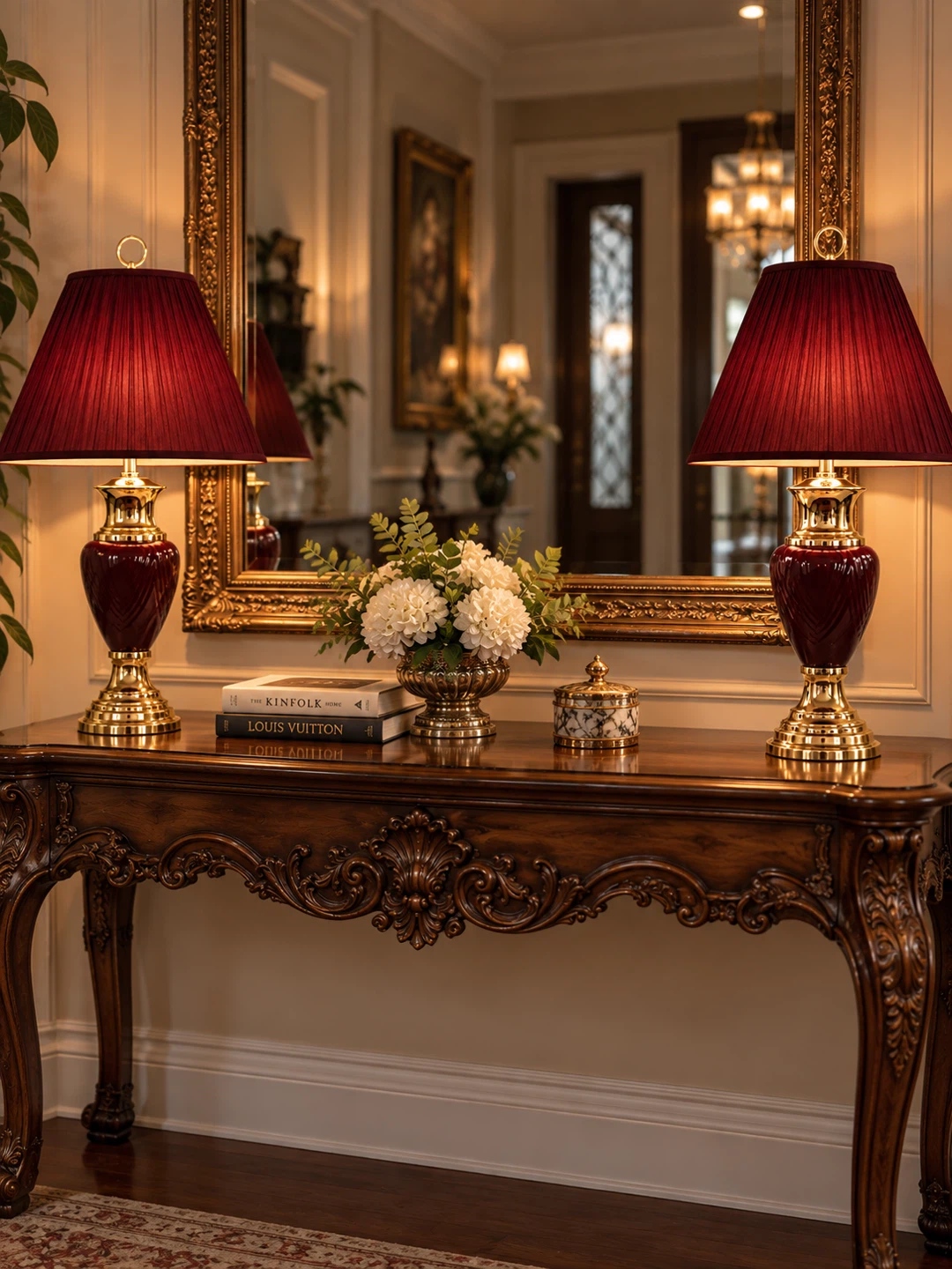 Set of two burgundy and gold table lamps