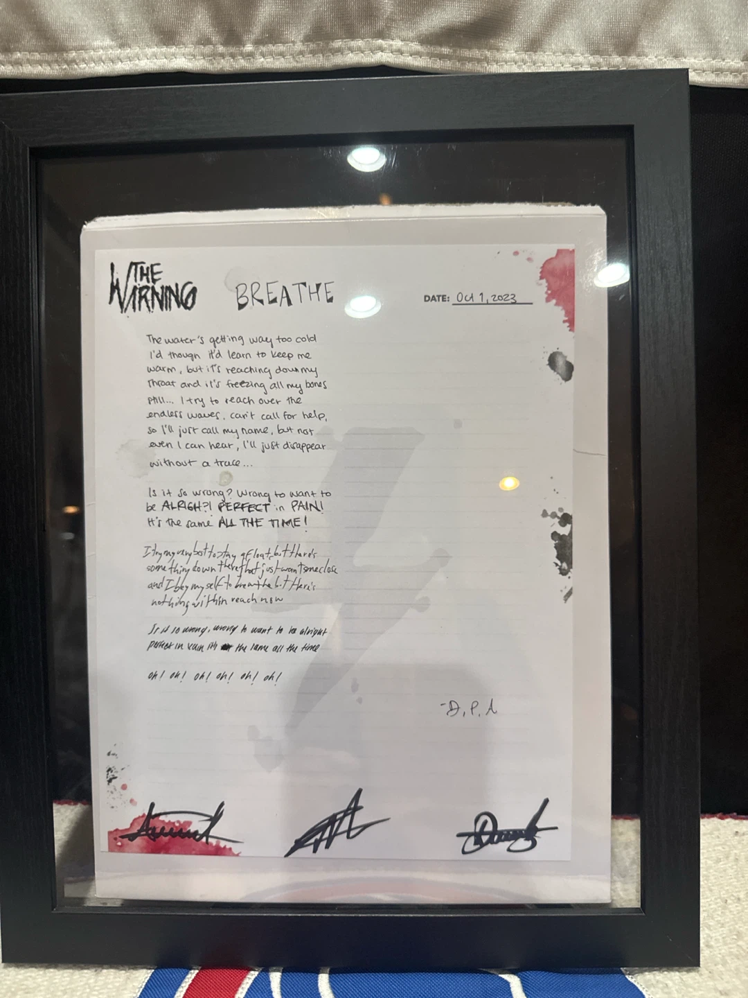 The Warning Breathe Signed Lyric Sheet