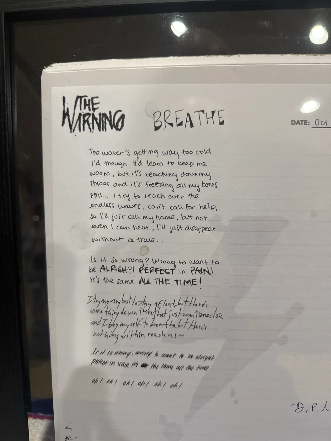 The Warning Breathe Signed Lyric Sheet - photo 2
