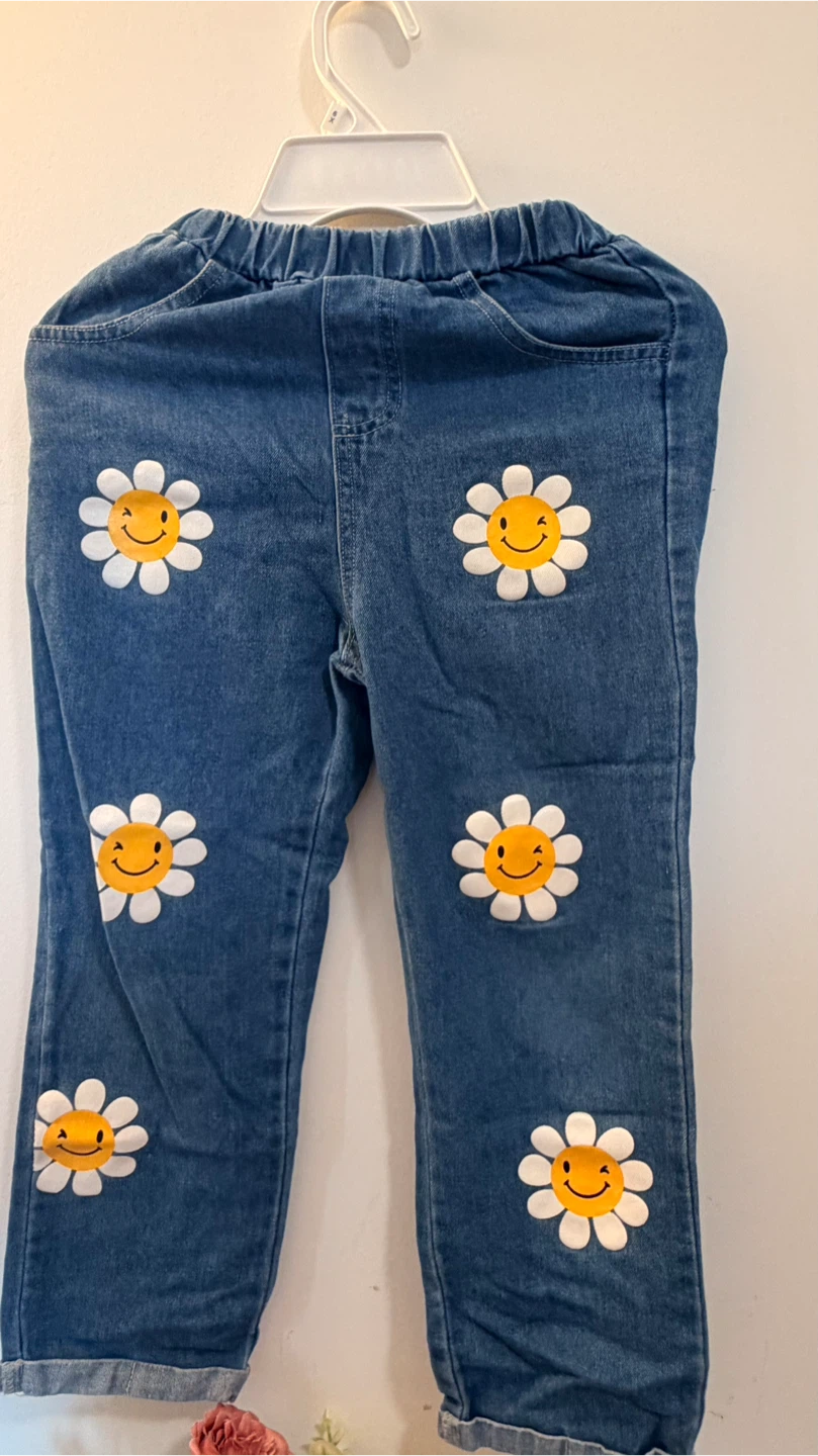 Girls' Smiley Flower Denim Pants