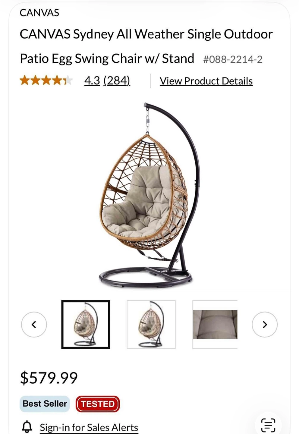 CANVAS Sydney Outdoor Patio Egg Swing Chair w/ Stand - photo 3